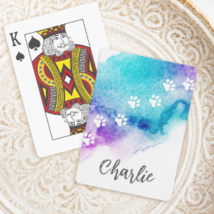 Paw prints purple aqua blue watercolor paint poker cards