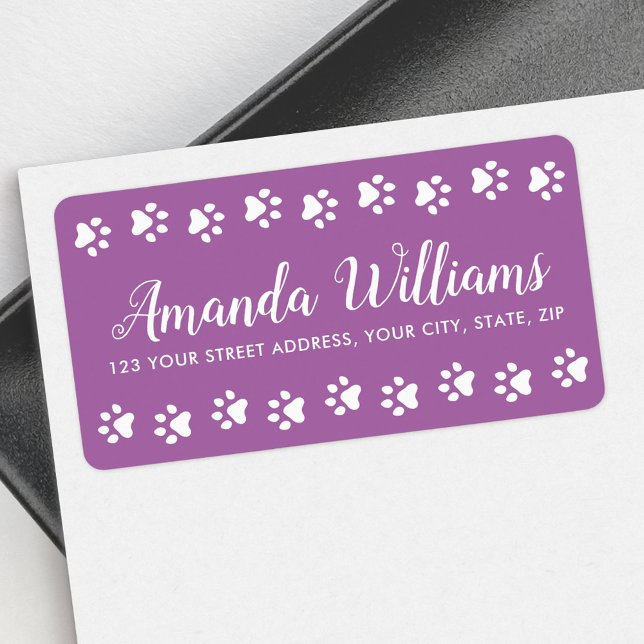 Paw prints purple pretty script return address label (Paw prints purple pretty script return address label)