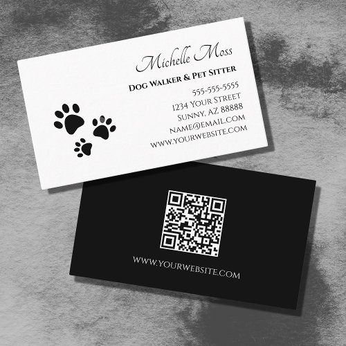 Paw Prints QR code Black White Pet Sitter   Business Card