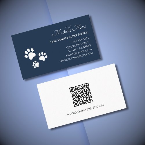 Paw Prints QR code Navy Blue Pet Sitter  Business Card