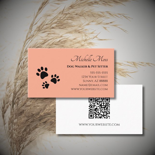 Paw Prints QR code Pet Sitter Services Peach Business Card (Creator Uploaded)