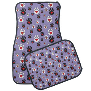 Paw Prints Red Hearts on Blue Car Floor Mat