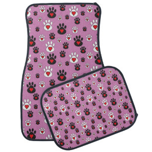 Paw Prints Red Hearts on Pink Car Floor Mat
