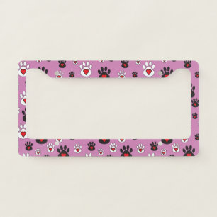 Paw Prints Red Hearts on Pink License Plate Frame