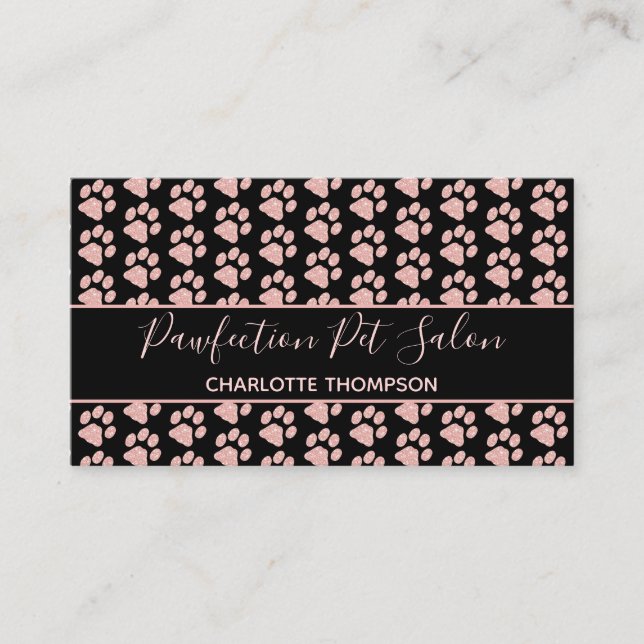 Paw Prints Rose Gold Glitter Pink Dog Grooming Business Card (Front)