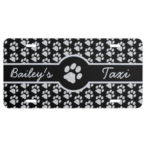 Paw Prints Silver Glitter Cute Personalize Dog Mom License Plate