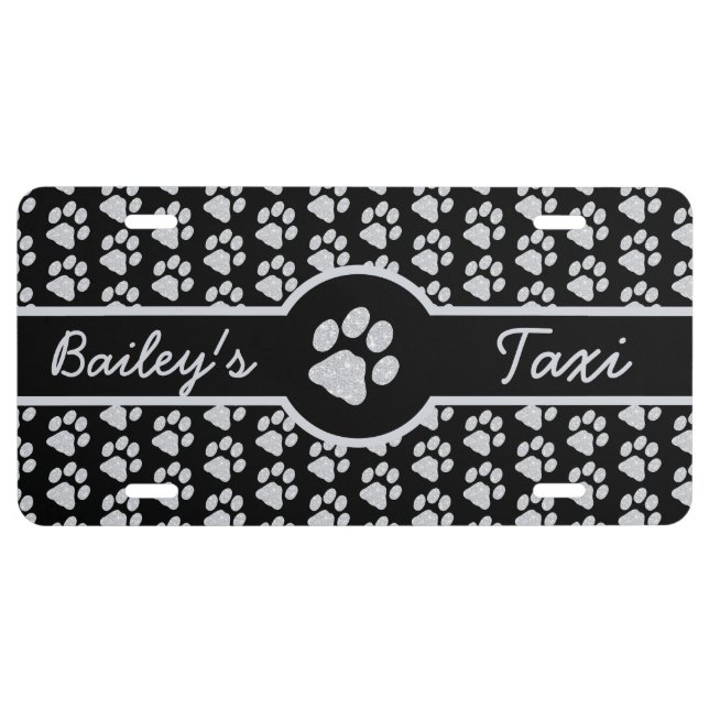 Paw Prints Silver Glitter Cute Personalize Dog Mom License Plate (Front)