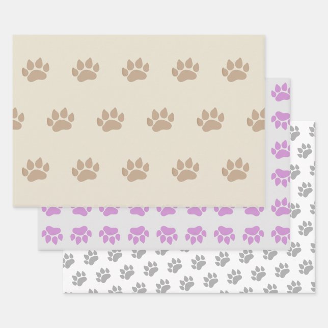Paw Prints Three Design Wrapping Paper Sheets (Set)