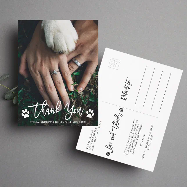 Paw Prints Wedding Thank You Photo Postcard | Zazzle