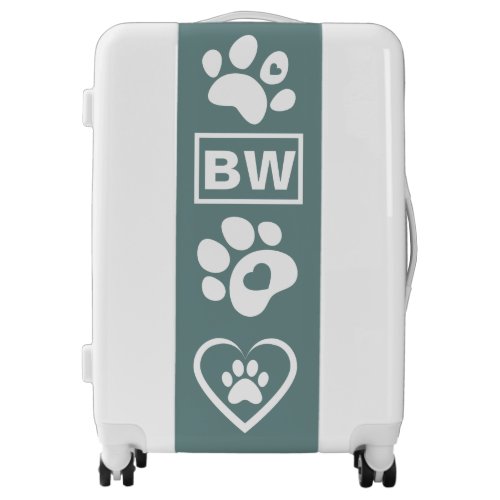 Paw Prints with Hearts Grey and White Monogram Luggage