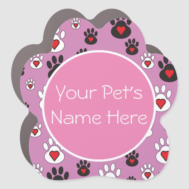 Paw prints with hearts on pink personalized car magnet (Front)