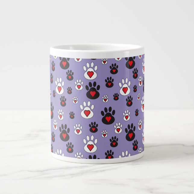 Paw Prints with red hearts on blue Giant Coffee Mug (Front)