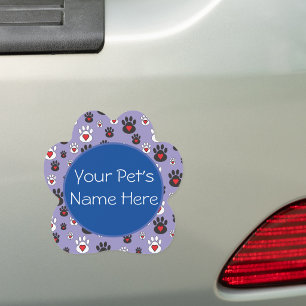 Paw Prints with red hearts on blue Personalized Car Magnet