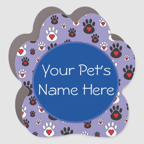 Paw Prints with red hearts on blue Personalized Car Magnet