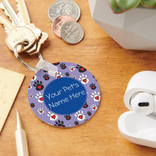 Paw Prints with red hearts on blue Personalized Keychain