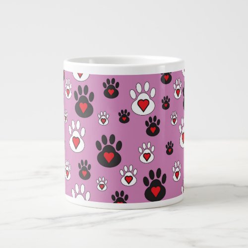 Paw prints with red hearts on pink  giant coffee mug