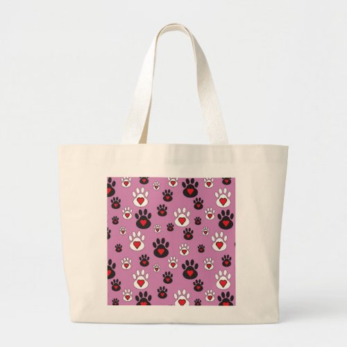 Paw prints with red hearts on pink  large tote bag