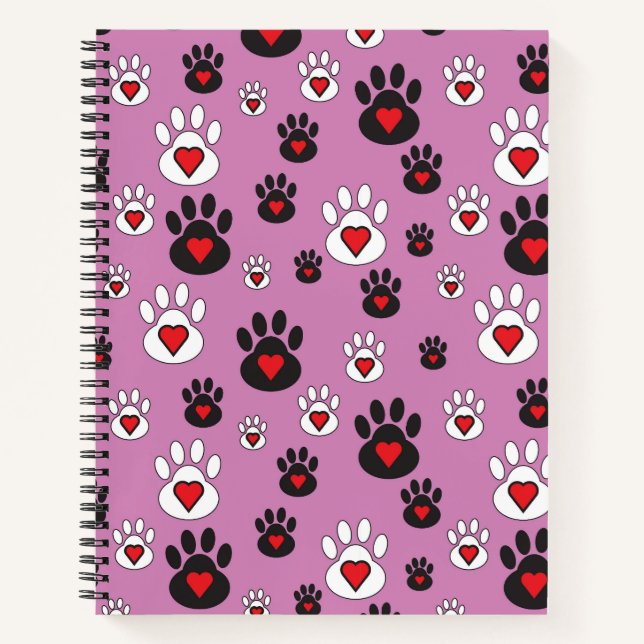Paw prints with red hearts on pink  notebook (Front)