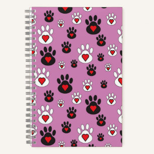 Paw prints with red hearts on pink  notebook