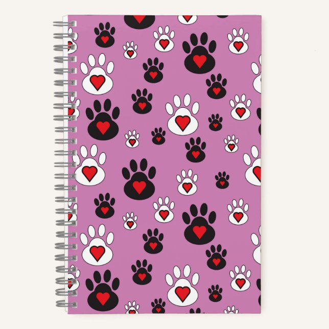 Paw prints with red hearts on pink  notebook (Front)