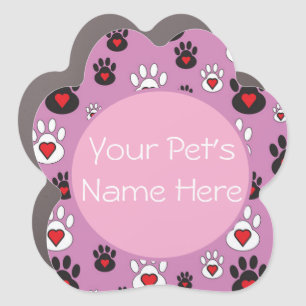 Paw Prints with red hearts on pink Personalized Car Magnet