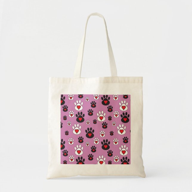 Paw prints with red hearts on pink  tote bag (Front)