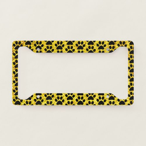 Paw Prints Yellow Gold Glitter Black Patterns Cute License Plate Frame