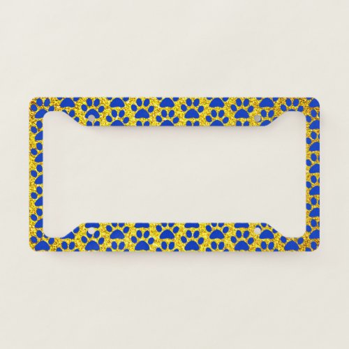 Paw Prints Yellow Gold Glitter Blue Patterns Cool License Plate Frame