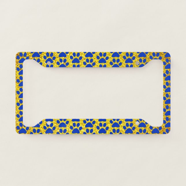 Paw Prints Yellow Gold Glitter Blue Patterns Cool License Plate Frame (Front)