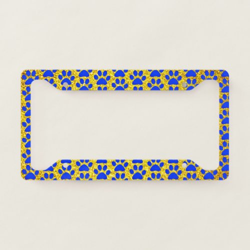 Paw Prints Yellow Gold Glitter Blue Patterns Cute License Plate Frame