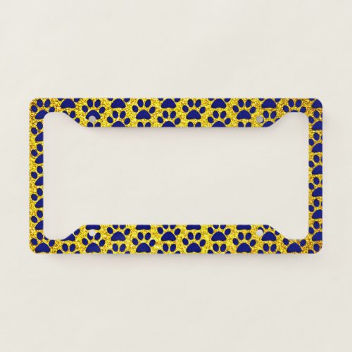 Paw Prints Yellow Gold Glitter Navy Blue Patterns License Plate Frame