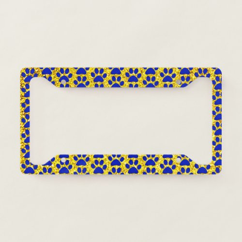 Paw Prints Yellow Golden Glitter Blue Patterns  License Plate Frame