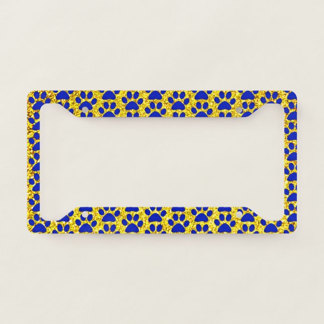 Paw Prints Yellow Golden Glitter Blue Patterns  License Plate Frame (Front)