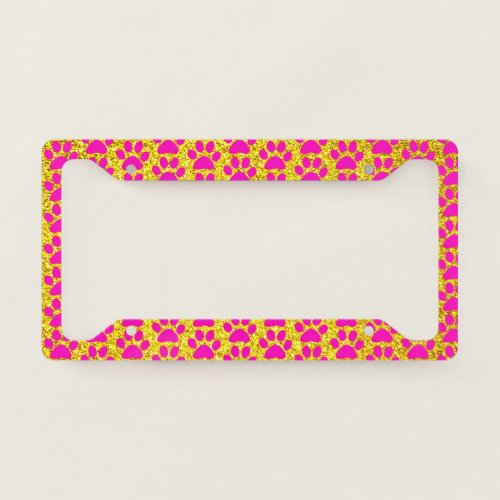 Paw Prints Yellow Golden Glitter Pink Patterns  License Plate Frame