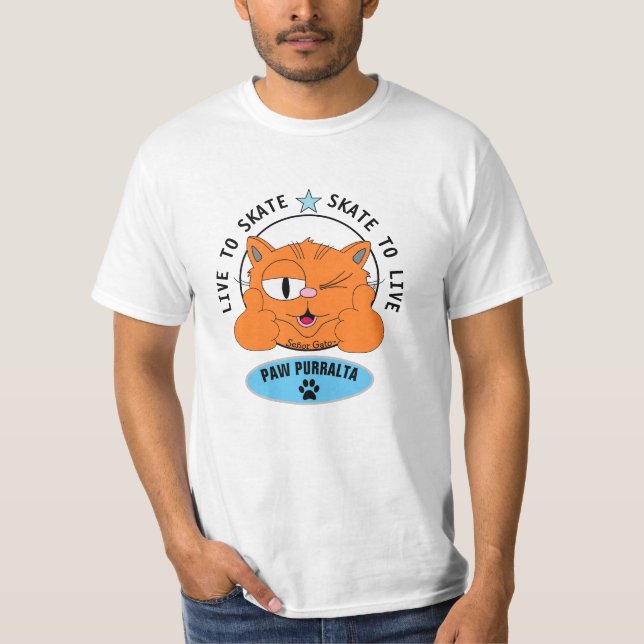 Paw Purralta Cartoon Cat Skateboarding T-Shirt (Front)