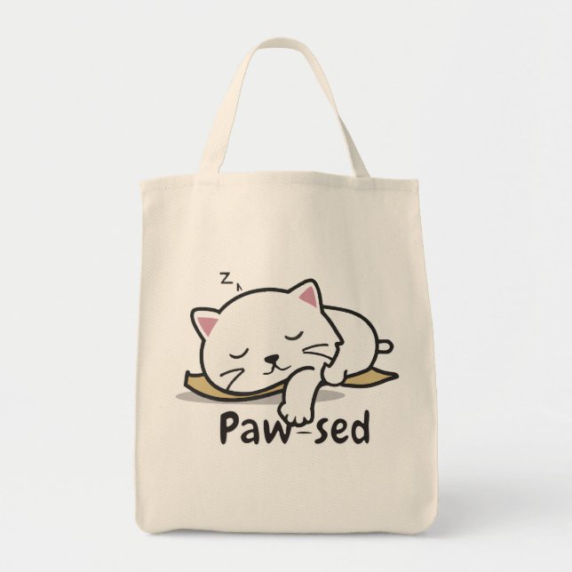 Paw-sed Cute Cat Tote – Lazy Kitty Cotton Bag (Front)