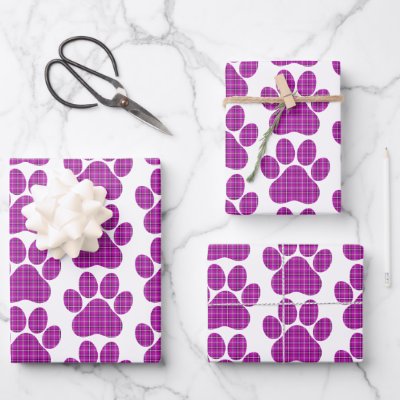 Paw Shape Plaid Pink Purple Cat Dog Wrapping Paper Sheets
