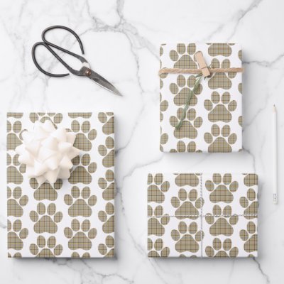 Paw Shape Plaid Tan Dog Cat Wrapping Paper Sheets