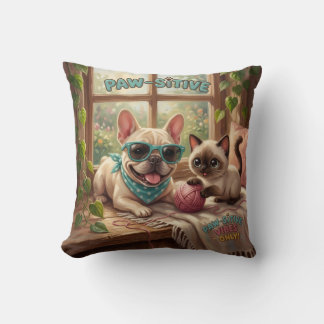 Paw-Sitive Vibes Only Cute Dog & Cat Photo Collage Throw Pillow
