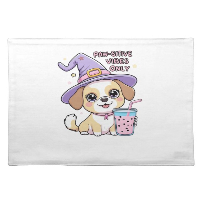 Paw-sitive Vibes Only � Cute Dog With Bubble Tea a Cloth Placemat (Front)
