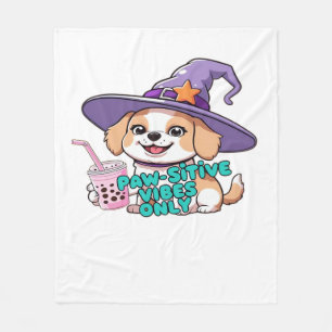 Paw-sitive Vibes Only – Cute Dog With Bubble Tea a Fleece Blanket