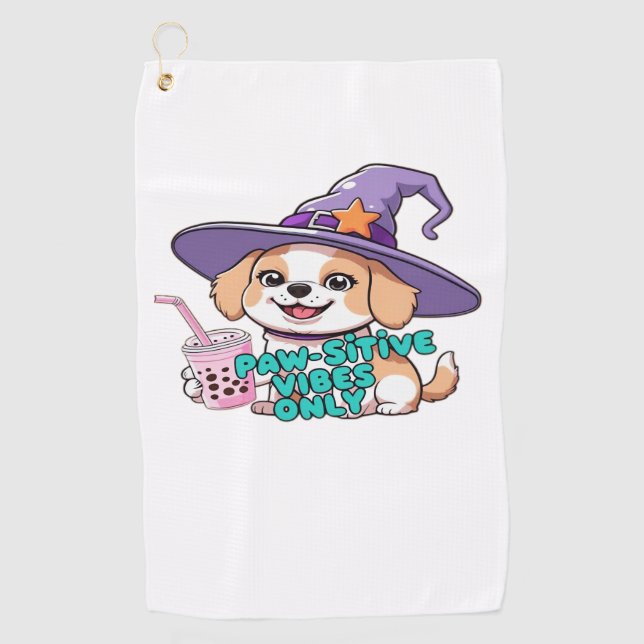 Paw-sitive Vibes Only – Cute Dog With Bubble Tea a Golf Towel (Front)