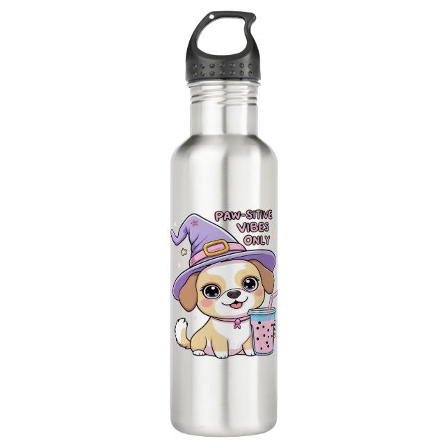 Paw-sitive Vibes Only � Cute Dog With Bubble Tea a Stainless Steel Water Bottle (Front)