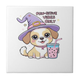 Paw-sitive Vibes Only Cute Dog With Bubble Tea Hal Ceramic Tile