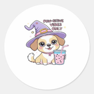 Paw-sitive Vibes Only Cute Dog With Bubble Tea Hal Classic Round Sticker
