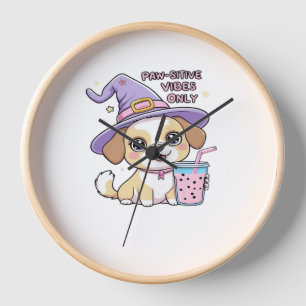 Paw-sitive Vibes Only Cute Dog With Bubble Tea Hal Clock
