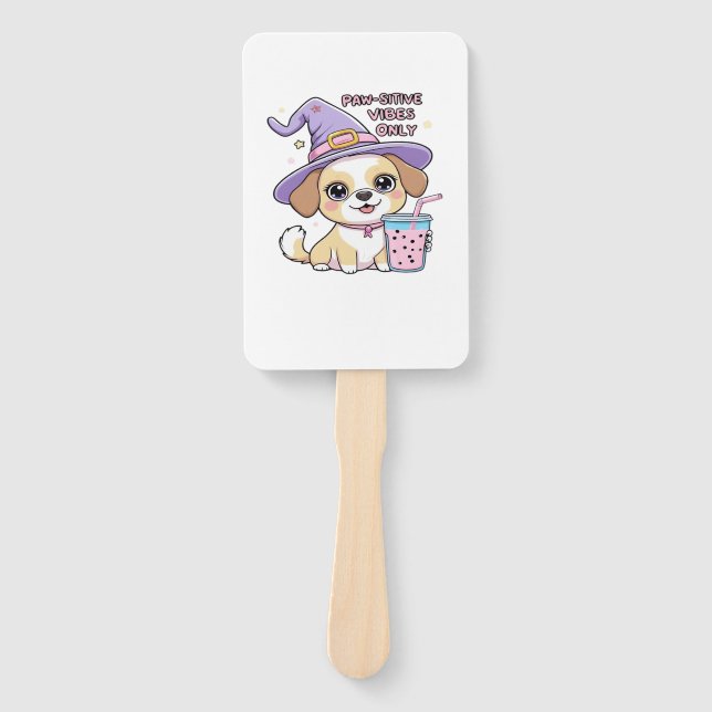 Paw-sitive Vibes Only Cute Dog With Bubble Tea Hal Hand Fan (Front)