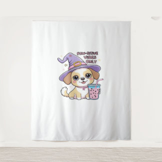 Paw-sitive Vibes Only Cute Dog With Bubble Tea Hal Tapestry