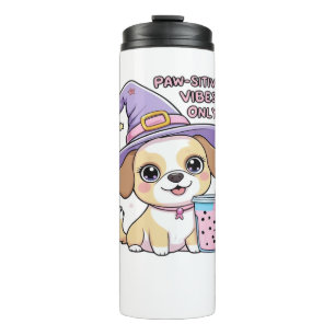 Paw-sitive Vibes Only Cute Dog With Bubble Tea Hal Thermal Tumbler