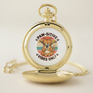 Paw-Sitive Vibes Only Meditating Cat Retro Design_ Pocket Watch